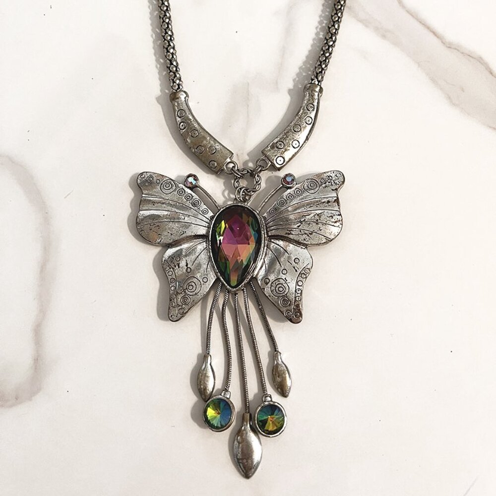 Vintage 70sbutterfly necklace with aurora borealis stones